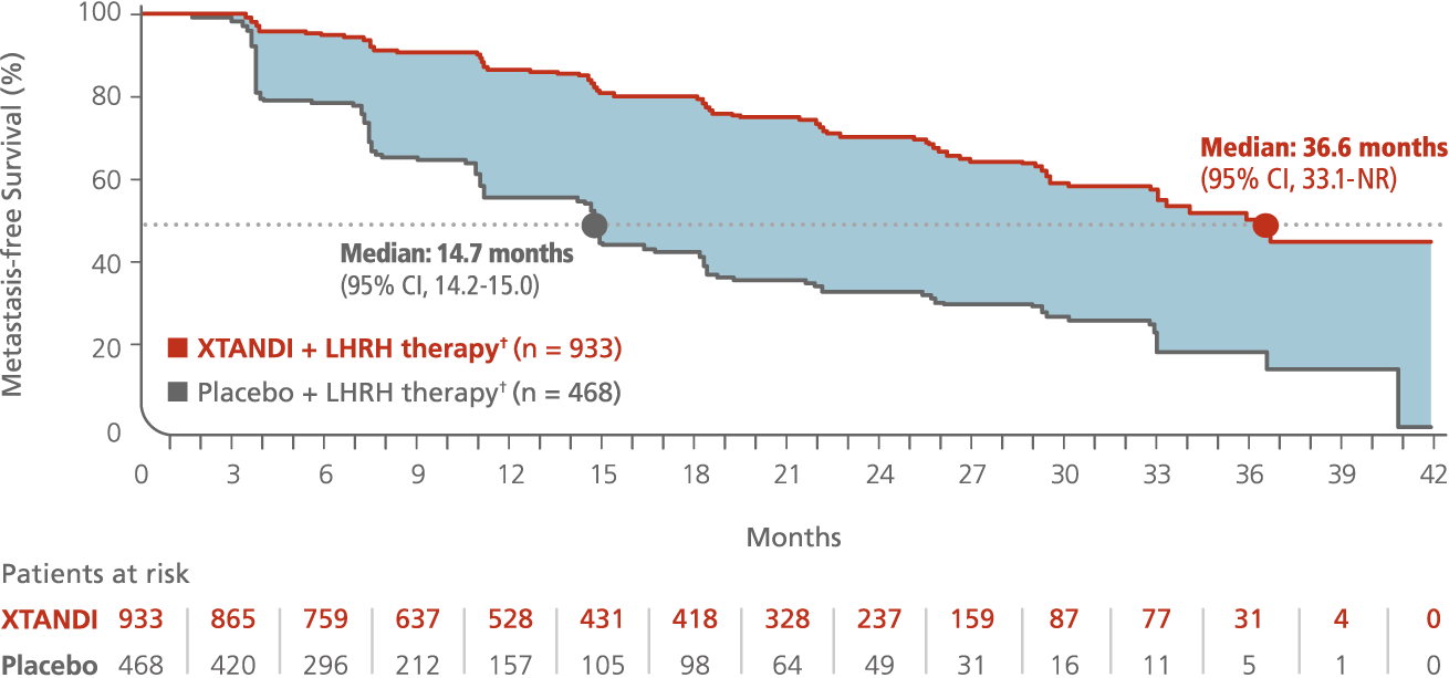 Primary endpoint: metastasis-free survival chart, nmCRPC: PROSPER Trial. Xtandi (enzalutamide) Risk info.