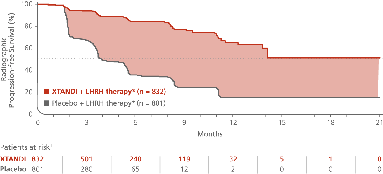 Co-primary endpoint: radiographic progression-free survival chart, mCRPC: PREVAIL Trial. Xtandi (enzalutamide) Risk info.