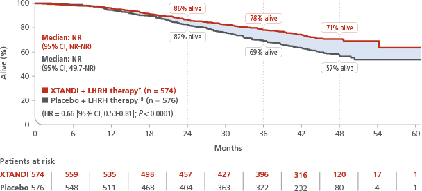 Key Secondary Endpoint: Overall survival chart. Xtandi (enzalutamide) Risk info.
