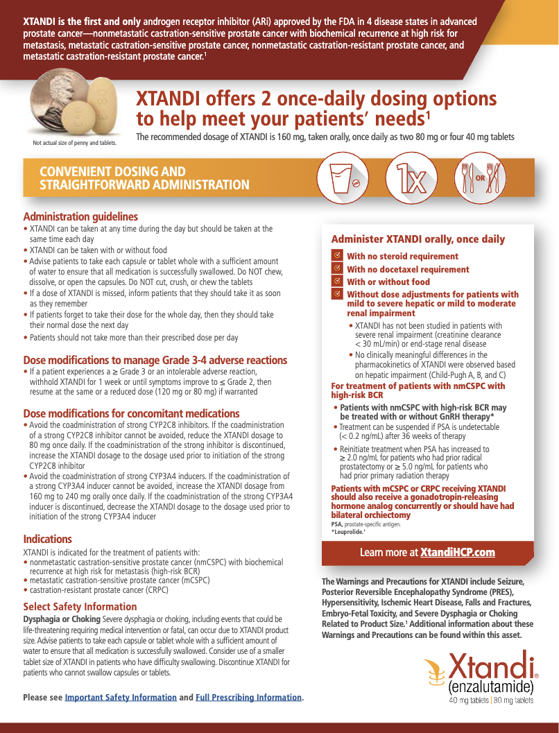 XTANDI Dosing Card. Xtandi (enzalutamide) Risk info.